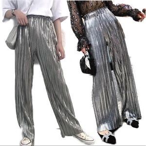 Metallic Wide Leg Pants, Silver Palazzo